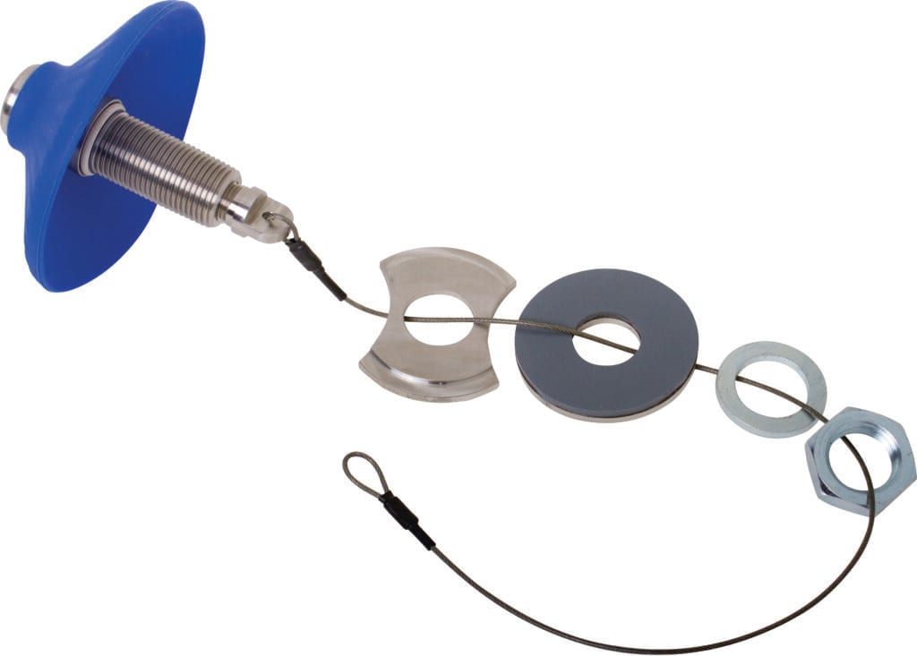Metal fastener with blue protective cap and steel cable